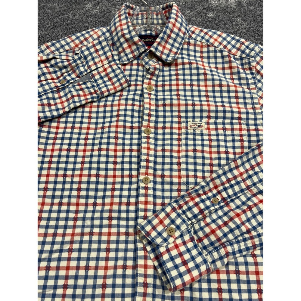 US Polo Assn Denim Co Mens Small Red White Blue Plaid Button Down Shirt Cotton